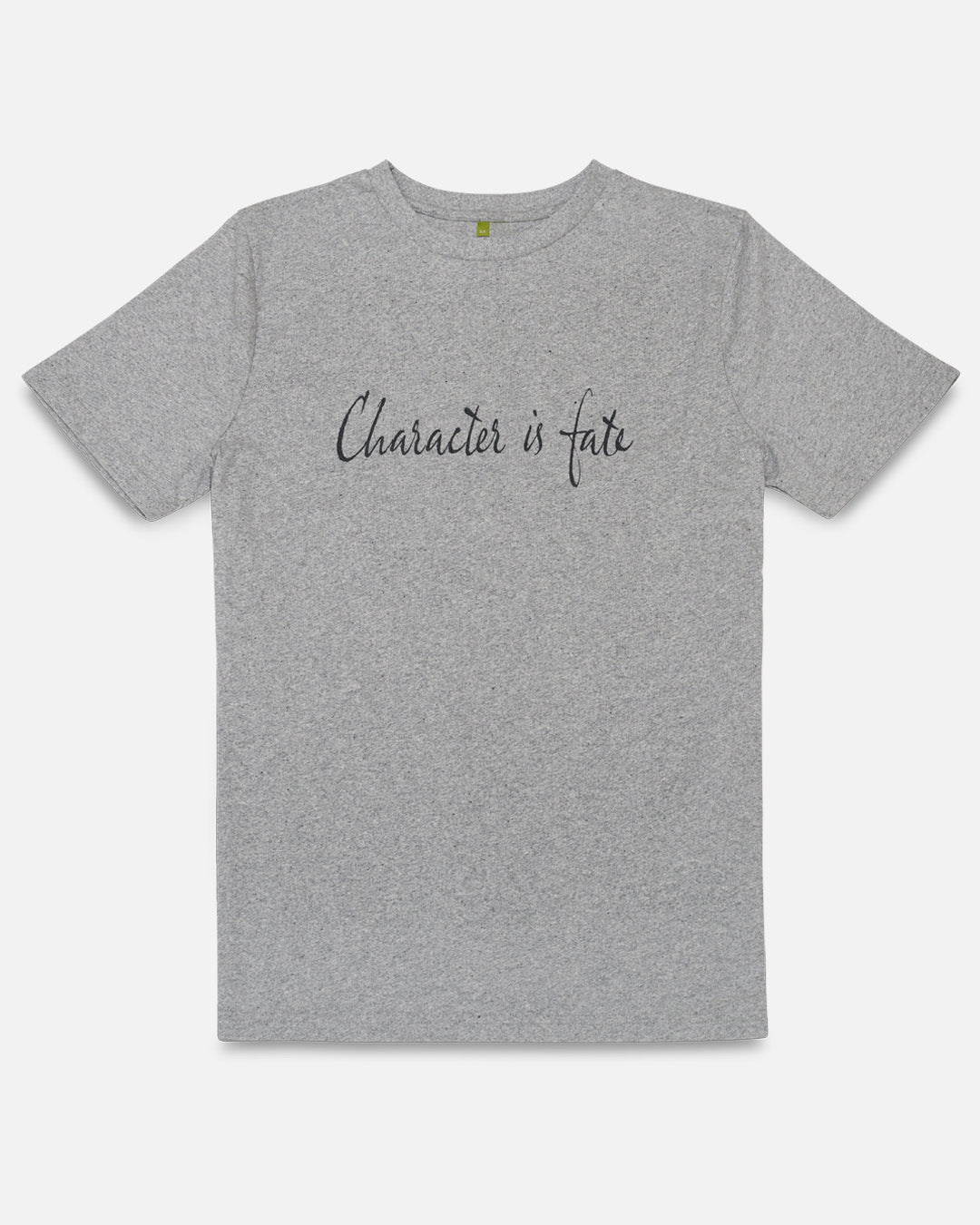 Grey recycled cotton t-shirt with 'Character is fate' text