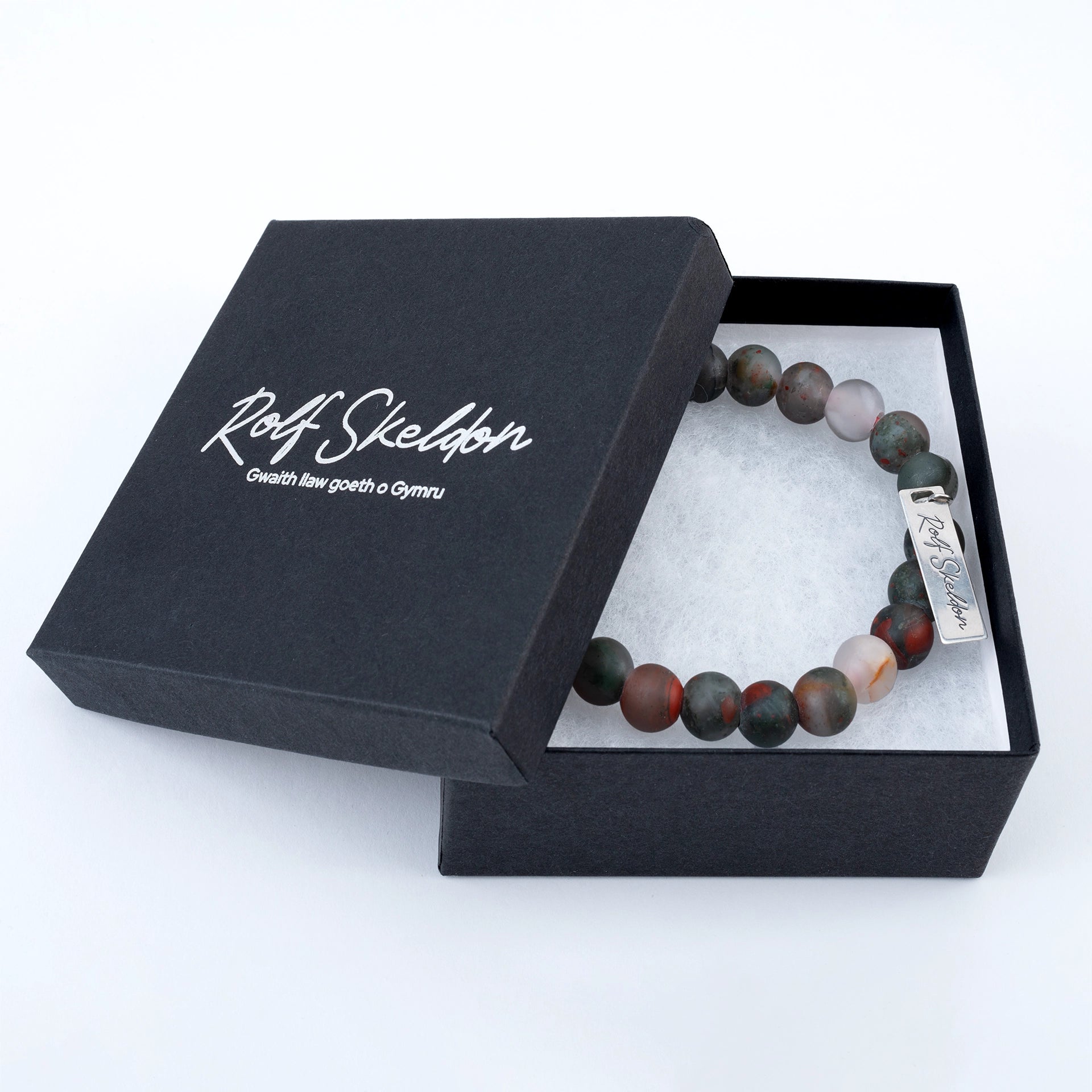bloodstone beaded bracelet in Rolf Skeldon gift box