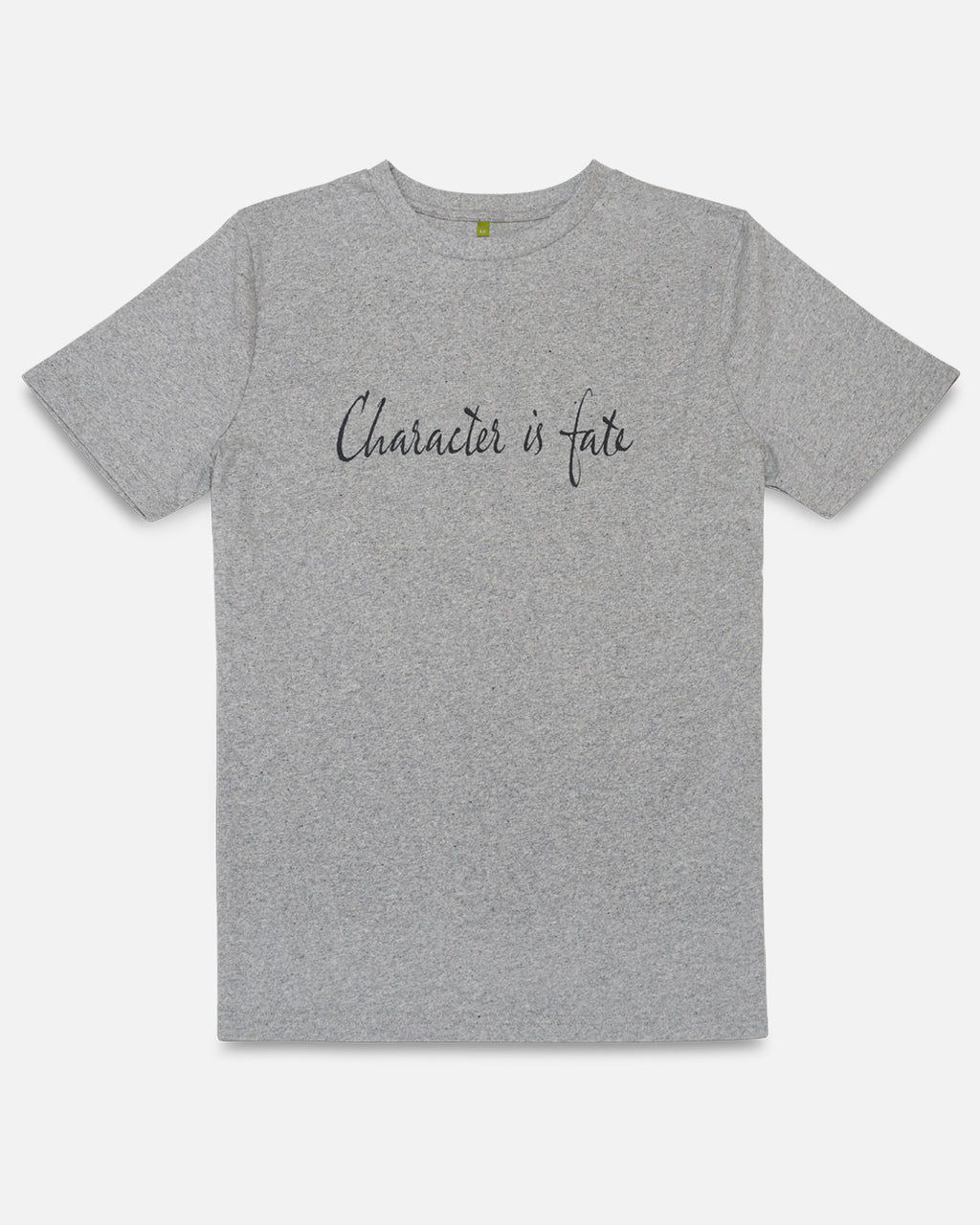Grey recycled cotton t-shirt with 'Character is fate' text