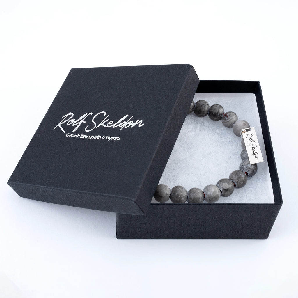 grey Jasper beaded bracelet in Rolf Skeldon gift box