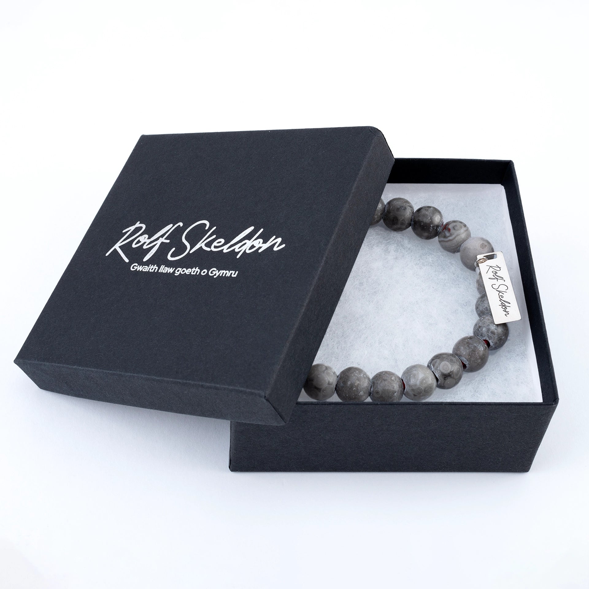 grey Jasper beaded bracelet in Rolf Skeldon gift box