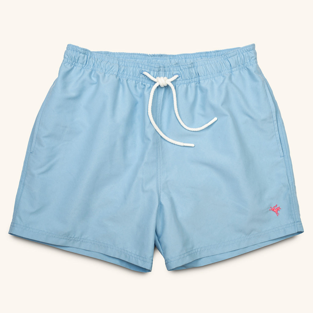 Light blue swim shorts with a white drawstring