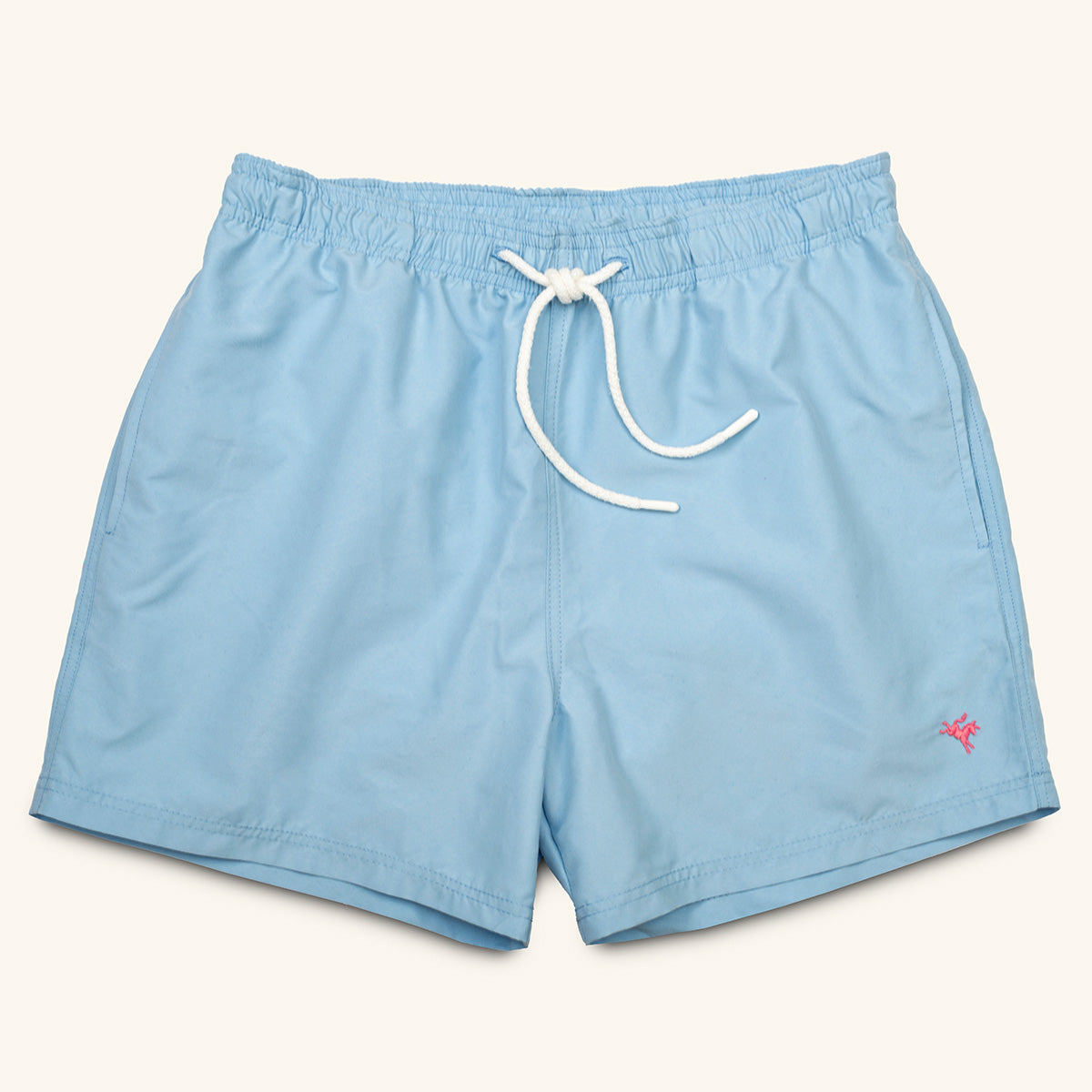 Light blue swim shorts with a white drawstring