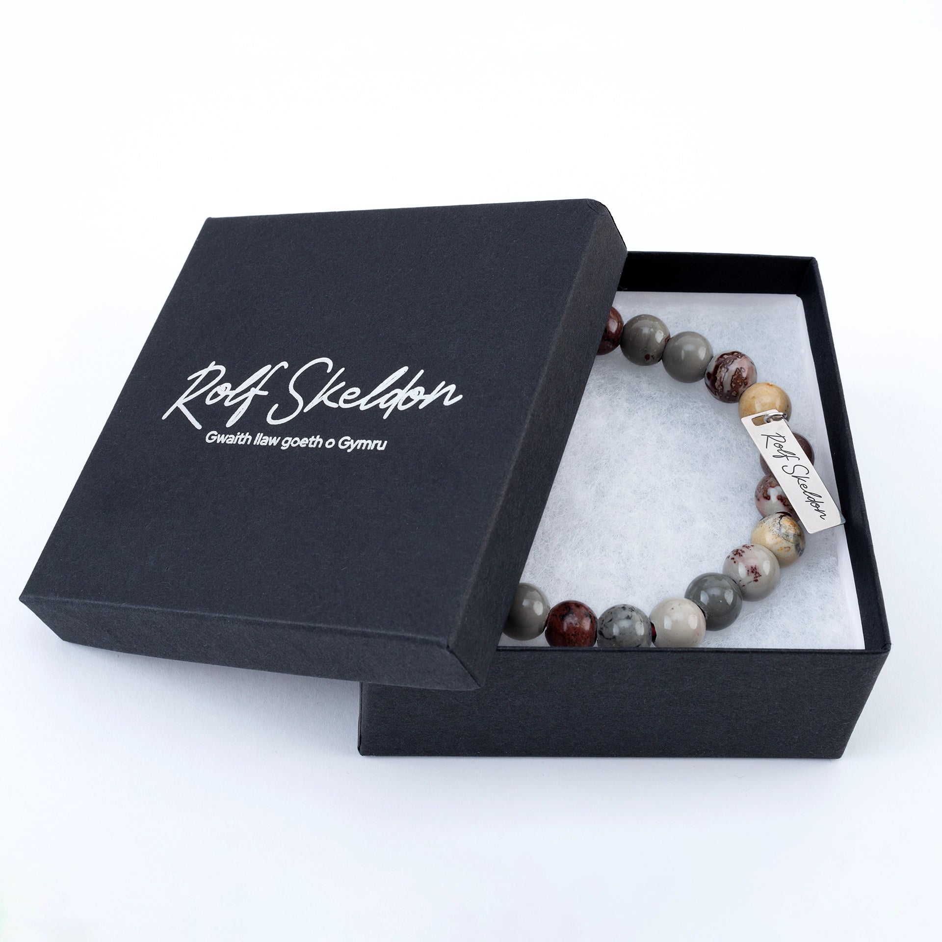Porcelain Jasper beaded bracelet in Rolf Skeldon gift box