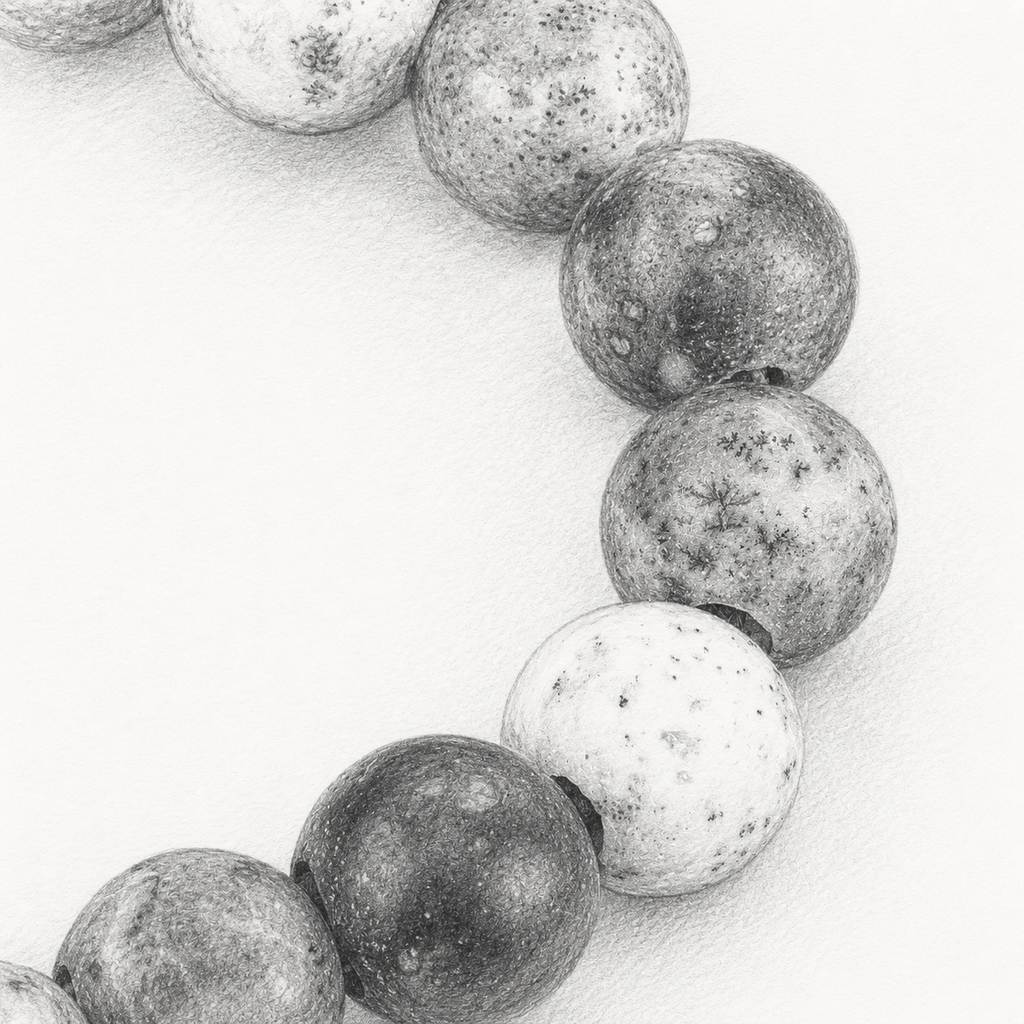 Close-up of a string of gray and white beads on a white background