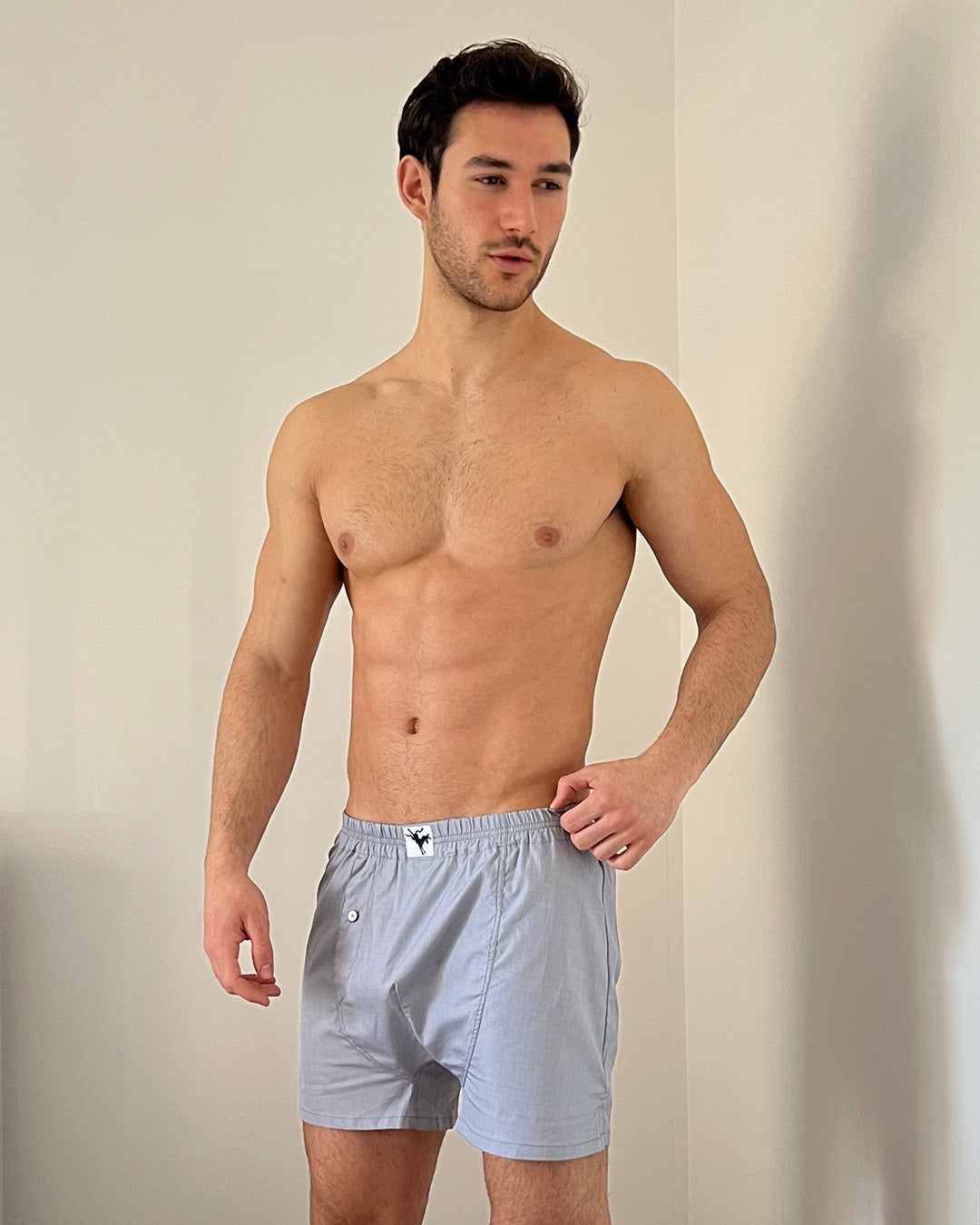 Man wearing light grey boxer shorts